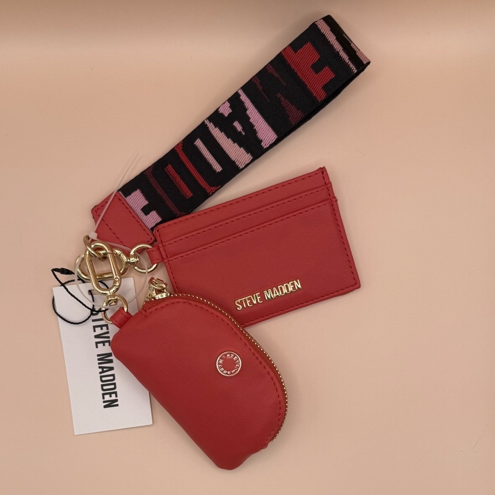 Steve Madden Barisa Red Pouch with Wristlet Card Holder Set New